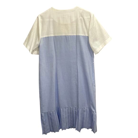 Vintage 80s ILGWU Manikin Woven Charleston Blue & White Pleated Trim Dress - Picture 3 of 13